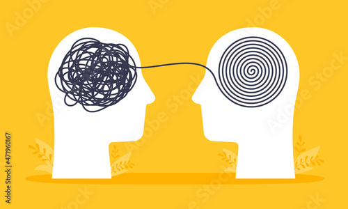 Psychologist consulting or mental problem solving brainstorm concept. Human heads with tangled chaos disorder turns into order line, finding solution. Coach, mentoring psychotherapy. Complex to simple