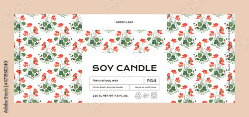 Hand drawn botanical vector cosmetics label design template for soy candle