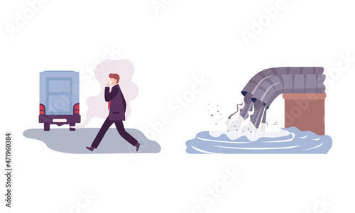 Environmental Pollution and Global Warming Cause with Traffic Emission and Waste Water Vector Set