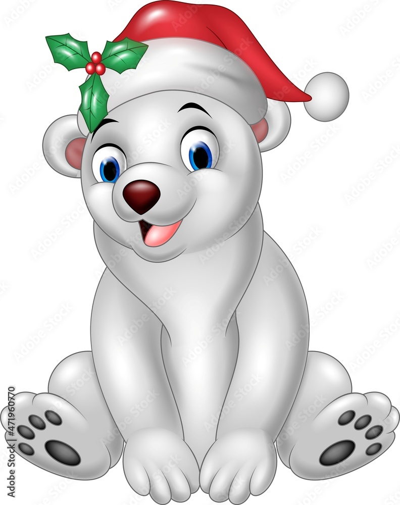 Naklejka premium Cute polar bear in santa hat sitting