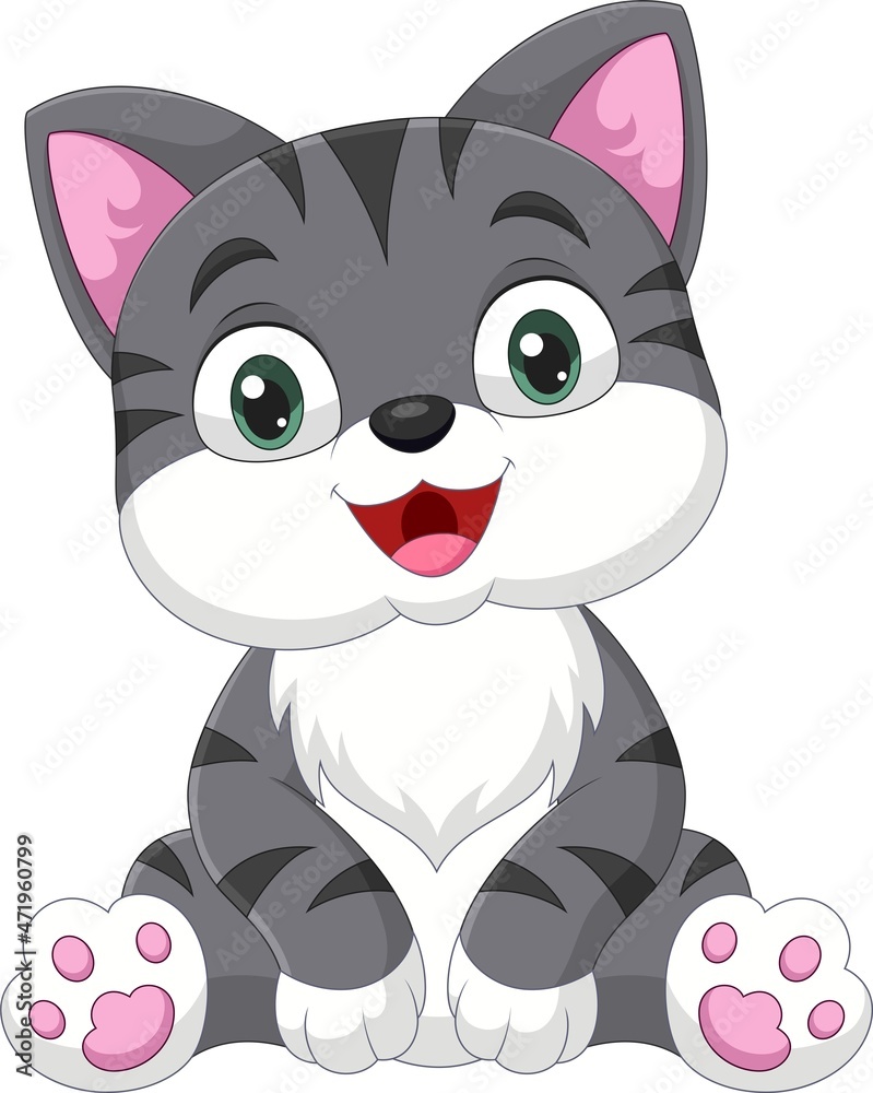 Obraz premium Cartoon funny cat sitting on white background