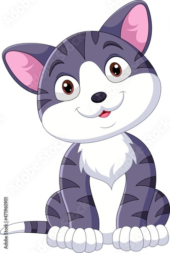 Cartoon funny cat sitting on white background