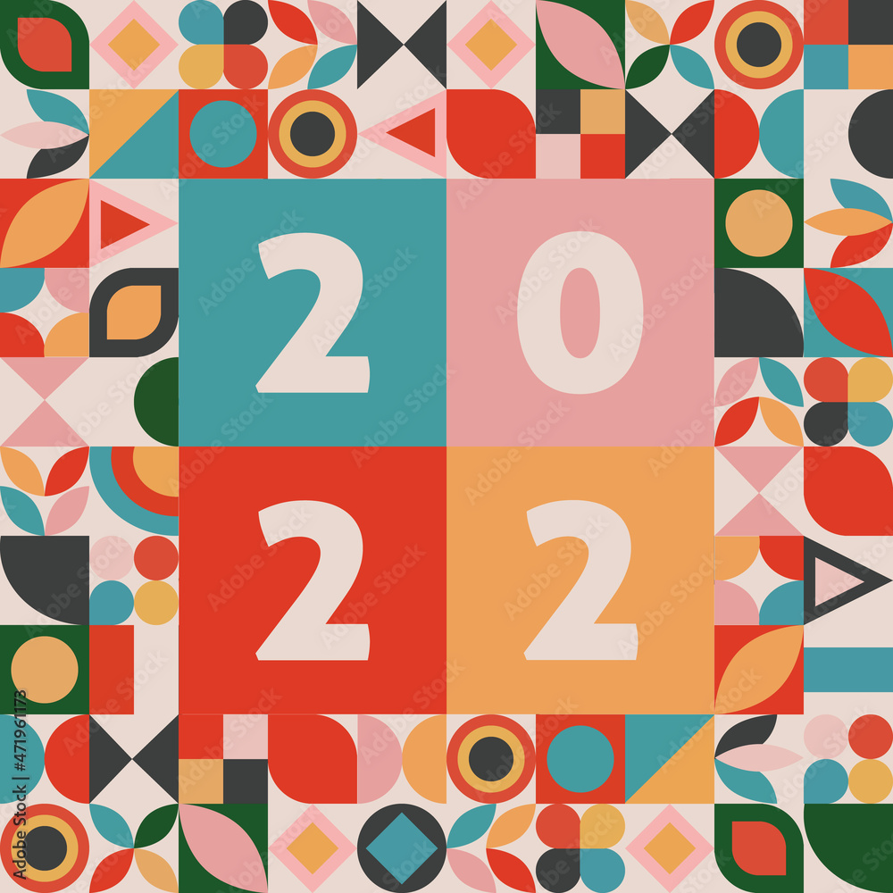 Happy new year 2022 banner in abstract geometric shape design. 2022 lettering in colorful cubisme art. Trendy bauhaus 2022 typography. Happy new year card in memphis style. Happy new year 2022 banner in abstract geometric shape design. 2022 lettering in colorful cubisme art. Trendy bauhaus 2022 typography. Happy new year card in memphis style.