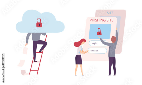 Hacker Stealing Personal Data from Phishing Site Vector Set