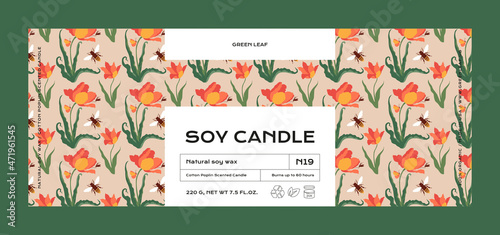 Hand drawn botanical vector cosmetics label design template for soy candle