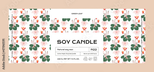 Hand drawn botanical vector cosmetics label design template for soy candle