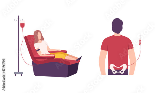 Man and Woman Character Engaged in Organ and Blood Donation for Transfusion Vector Set