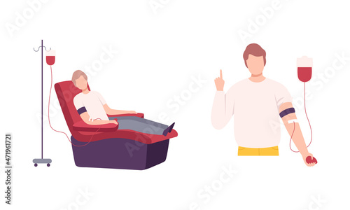 Man Character Engaged in Blood Donation for Transfusion Vector Set