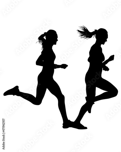 Young athletes women run a marathon. Isolated silhouettes on white background