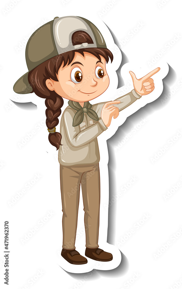 Safari girl with pointing pose cartoon character sticker Safari girl with pointing pose cartoon character sticker