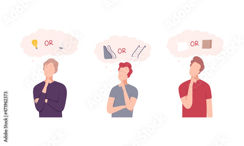 Confused Pensive Man Character Choosing Between Two Alternative Vector Set photo