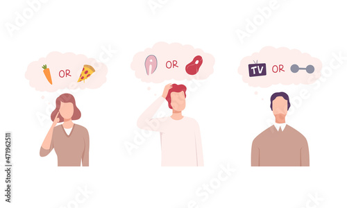 Confused Pensive People Character Choosing Between Two Alternative Vector Set
