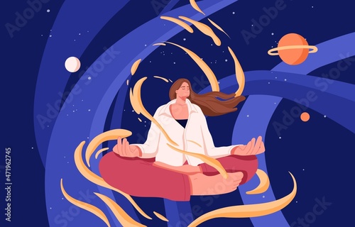 Person meditating, sitting in lotus yoga pose among peaceful universe. Meditation and spiritual practice of calm woman in solitude. Zen, balance, nirvana and harmony concept. Flat vector illustration