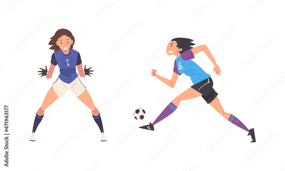 Woman Soccer or Football Player Kicking and Passing Ball Vector Set