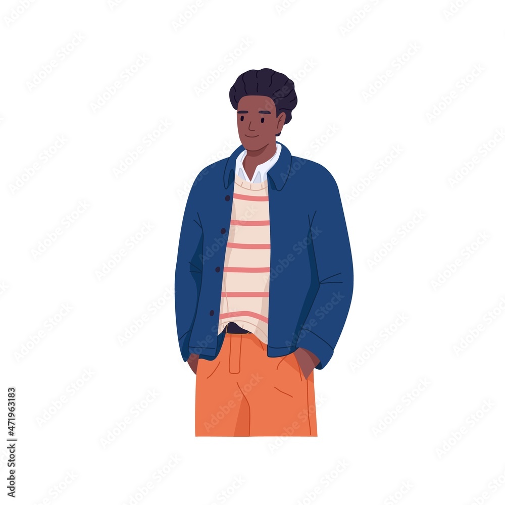 Young black man portrait. African-American guy standing with hands in ...