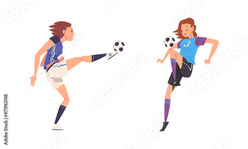 Woman Soccer or Football Player Kicking and Passing Ball Vector Set