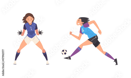 Woman Soccer or Football Player Kicking and Passing Ball Vector Set