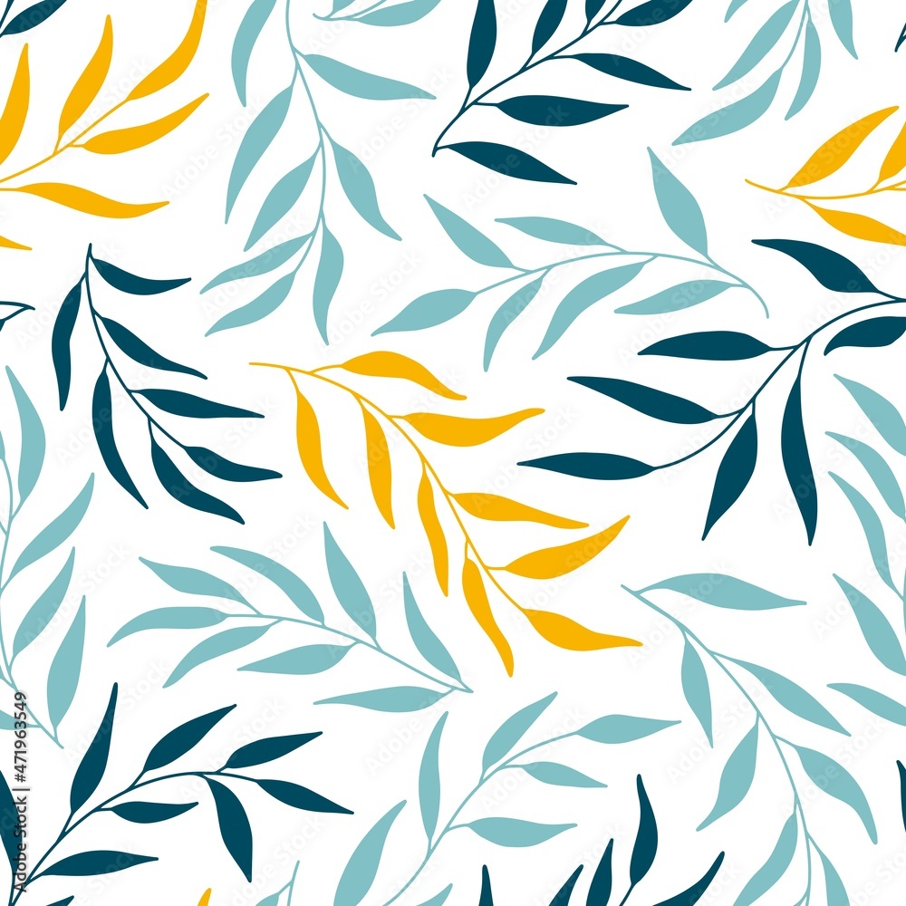 Silhouettes of leaves olive seamless pattern. Vector hand drawn illustration in simple scandinavian doodle cartoon style. Isolated blue and yellow branches on a white background.