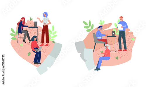 Tiny Man and Woman Office Employee Working in Giant Hand Vector Set