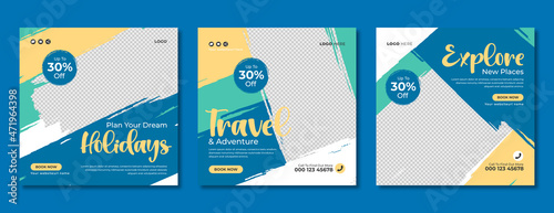 Travel, beach vacation or summer holiday travelling social media banner post template design with abstract background, logo and icon. Traveling sale business marketing flyer or digital web poster.   