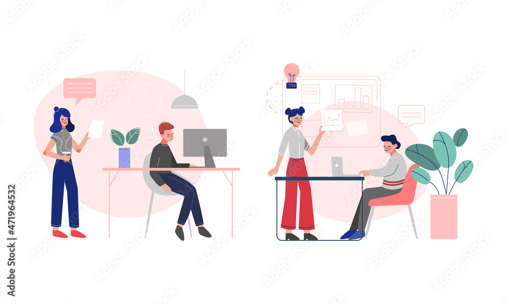 Young Man and Woman Office Employee Engaged in Workflow Vector Scene Set