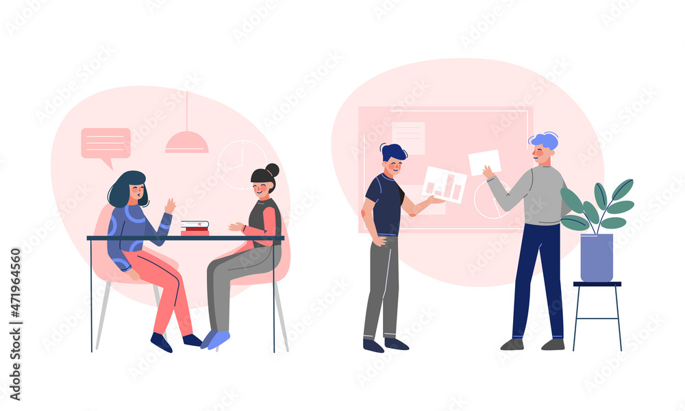 Young Man and Woman Office Employee Engaged in Workflow Vector Scene Set