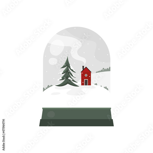 Christmas glass ball with christmas tree and house with snowflakes in flat style. New year town. Vector stock illustration
