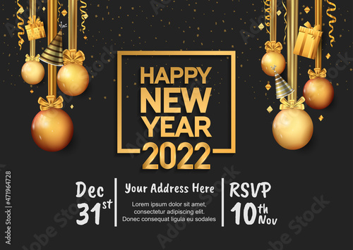 happy new year 2022 golden number in square with party element isolated on black background