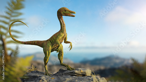 Compsognathus longipes, tiny dinosaur species from the Late Jurassic period, background © dottedyeti