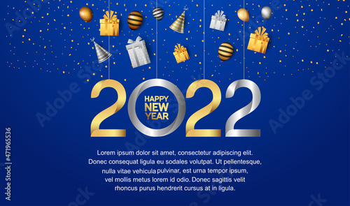 happy new year 2022 golden and silver number with party element isolated on blue background