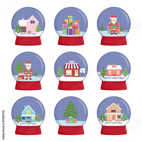 Set of snow globes with a town. Winter wonderland scenes in a snow globe.