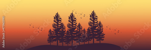 sunrise morning with tree and bird silhouette vector illustration good for wallpaper design, design template, background template, and tourism design template