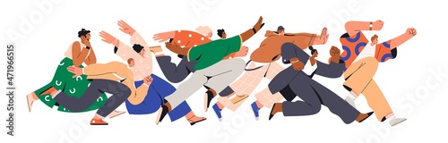 Crowd of happy people running fast. Group of excited men and women buyers hurrying and hunting for sales. Mad fans following and chasing for smb. Flat graphic vector illustration isolated on white