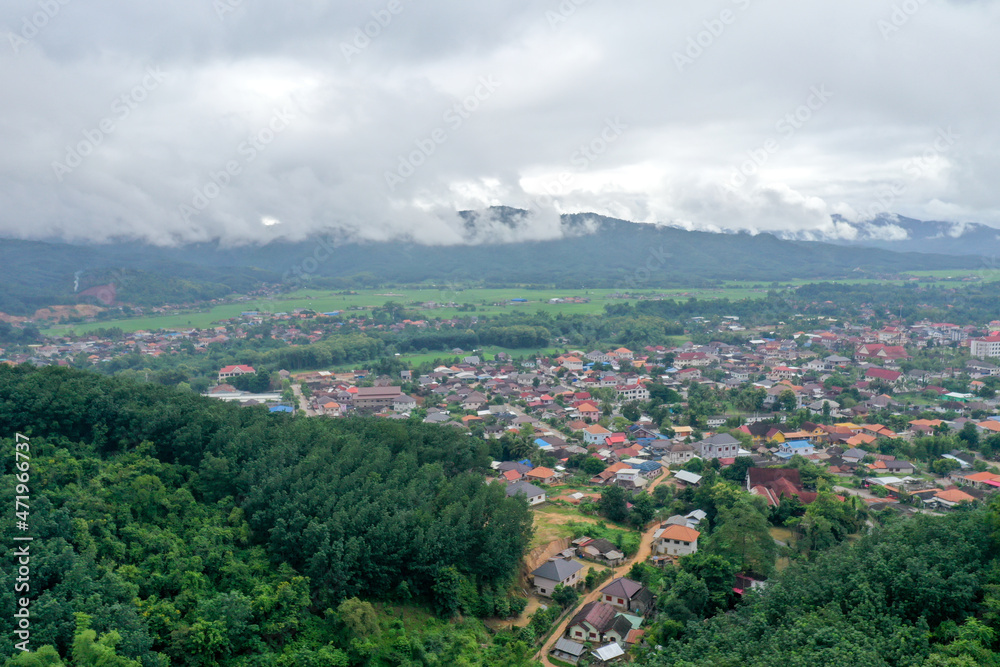 Aerial view of a small city at the north of Laos.