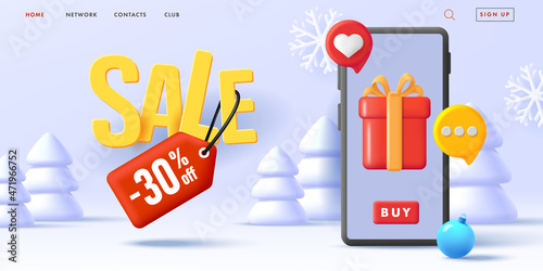 Winter banner with big smartphone with gift box and likes, message bubbles woth sale up to 30 and white stilized christmas trees photo