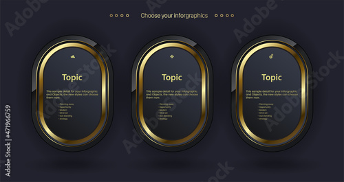 THREE Golden multipurpose Infographic Vector template with Three elements options and Premium golden version on a dark background with 3 golden info chart template design.eps
