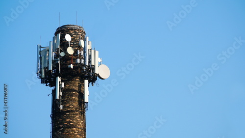 Telecommunication tower of 4G and 5G cellular. Base Station or Base Transceiver Station. Wireless Communication Antenna Transmitter. part of a modern communication tower.