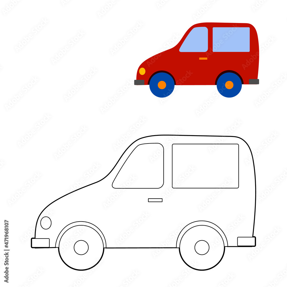 coloring book, color on the model of a children's cartoon car. vector isolated on a white background.