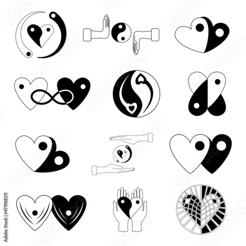 Set of yin yang symbols in different variants. Black and white heart. Vector illustration in flat style