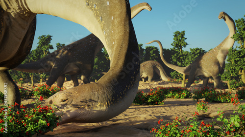 Fototapeta Naklejka Na Ścianę i Meble -  Alamosaurus eating berries, group of dinosaurs from the Late Cretaceous period at sunrise