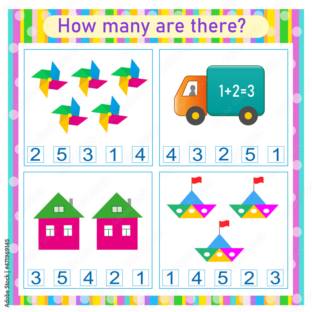 How many counting game. Learning Numbers Zero to Five. Worksheet for preschool kids, kids activity sheet