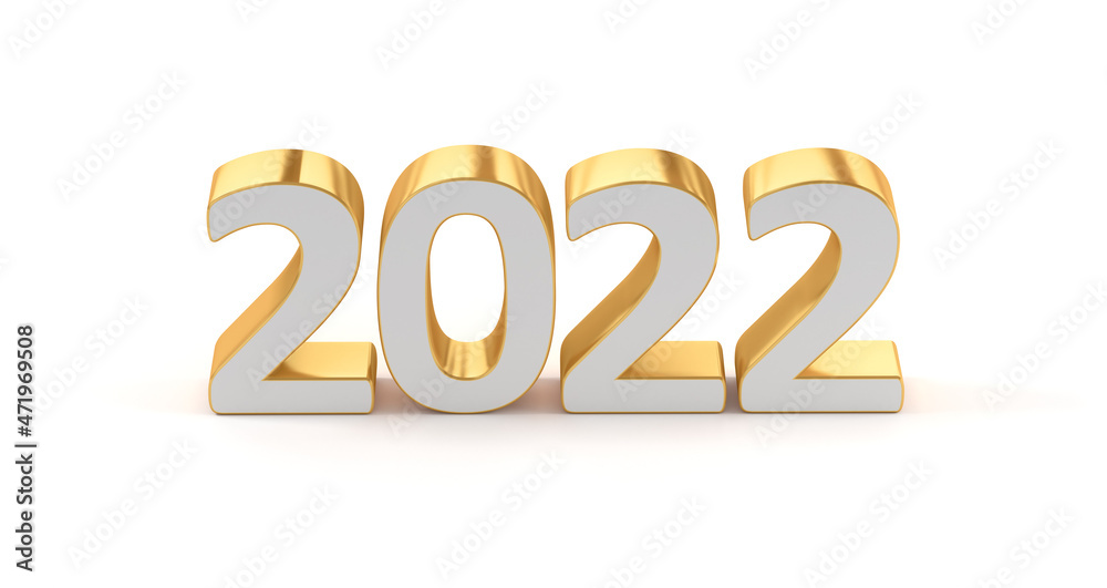White and gold numbers 2022 stand against a white background. 3d render illustration. New Year. White and gold numbers 2022 stand against a white background. 3d render illustration. New Year.