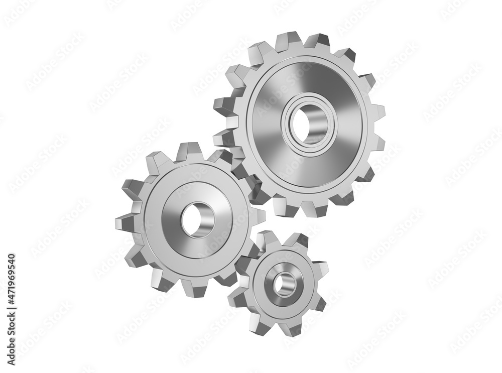 Shiny metal gears of different sizes on a white background. 3d render illustration. Shiny metal gears of different sizes on a white background. 3d render illustration.