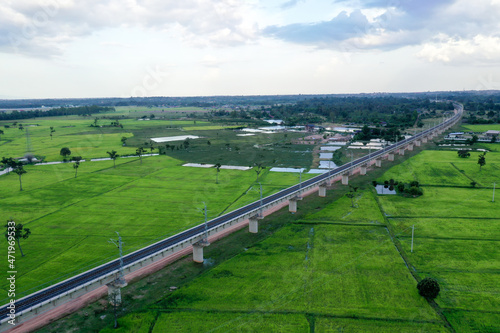 Aerial view of railway bridge part of Laos - China medium speed train from China border to Vientiane capital.