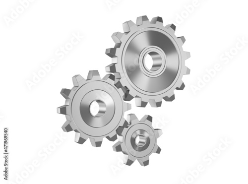 Shiny metal gears of different sizes on a white background. 3d render illustration.