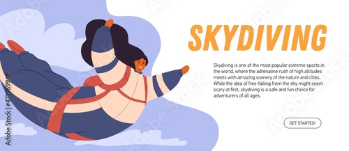 Promotion banner design of skydiving festival. Horizontal ad background template with woman flying with parachute. Web-site header for sky diving sports club. Flat graphic vector illustration