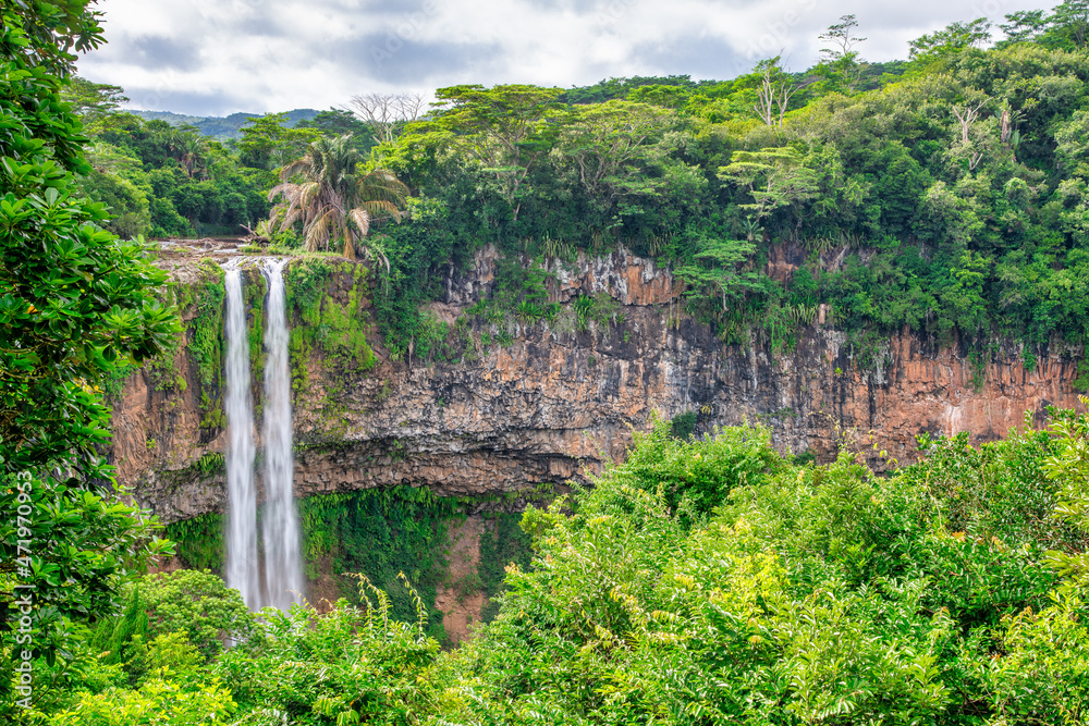 Chamarel Waterfall in the tropical island jungle of Mauritius.