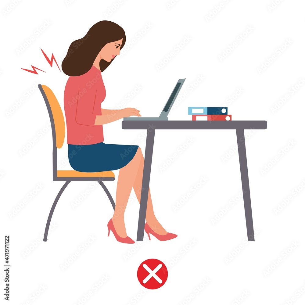 Female silhouette of incorrect posture while using the computer.The concept of ergonomics, back pain, spine, health care. Flat vector. Female silhouette of incorrect posture while using the computer.The concept of ergonomics, back pain, spine, health care. Flat vector.
