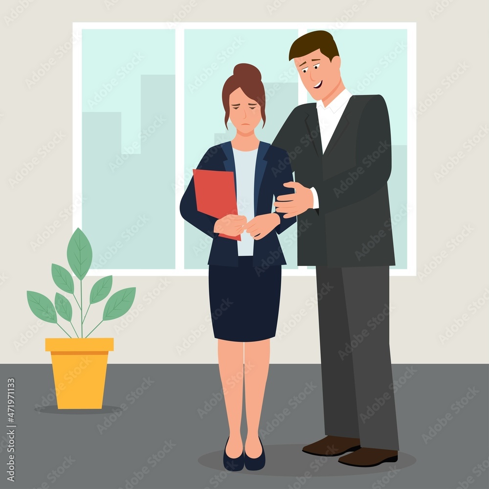 Fototapeta premium Sexual harassment, abuse at office. Man harassing female worker at workplace, woman afraid of unwanted touch.Vector illustration