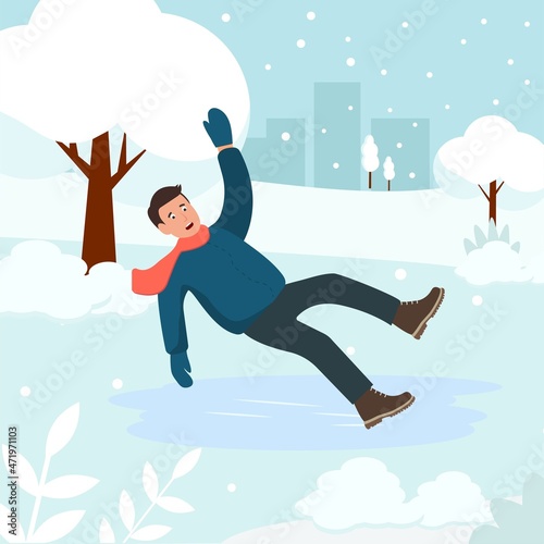 The man slipped on the ice. Boy falls, waving his hands. Slippery winter road. Vector flat design illustration.